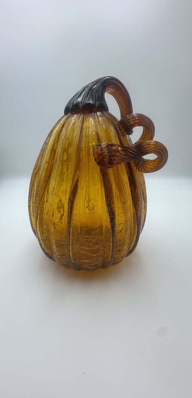 Glitzhome‎ Amber Crackle Handblown Glass Pumpkin with Applied Twisted Stem
